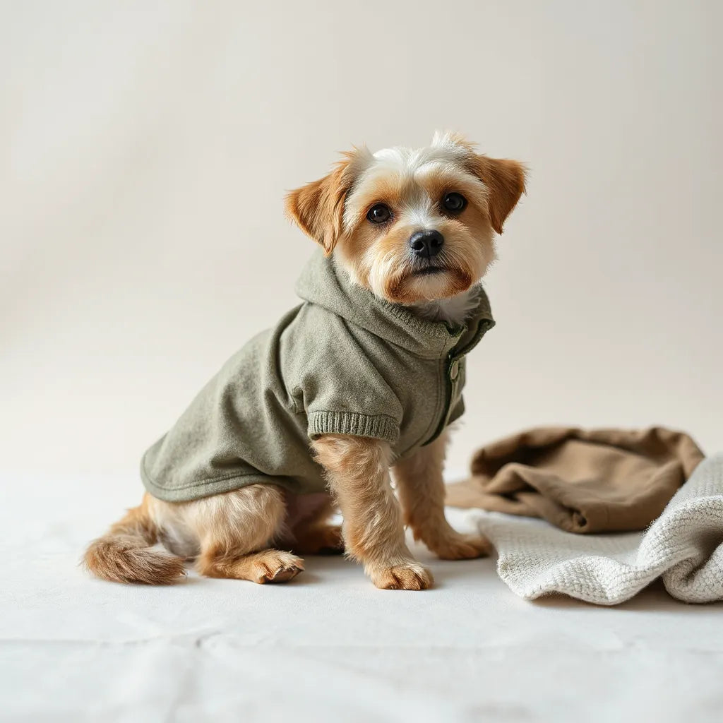 Small dog wearing a stylish jacket with a folded sweater accessory on a neutral background