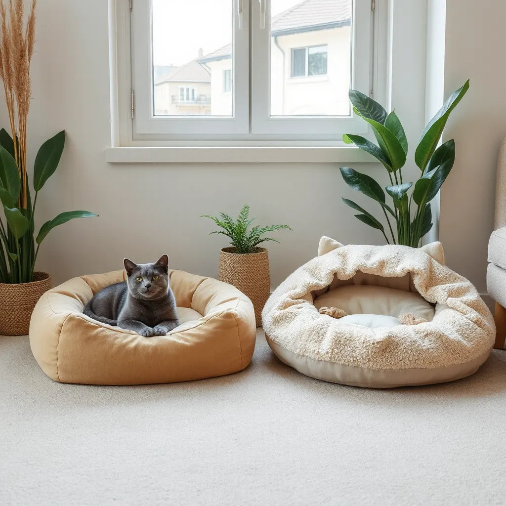 Relaxed cat resting in plush and covered comfortable beds in a bright, tidy room