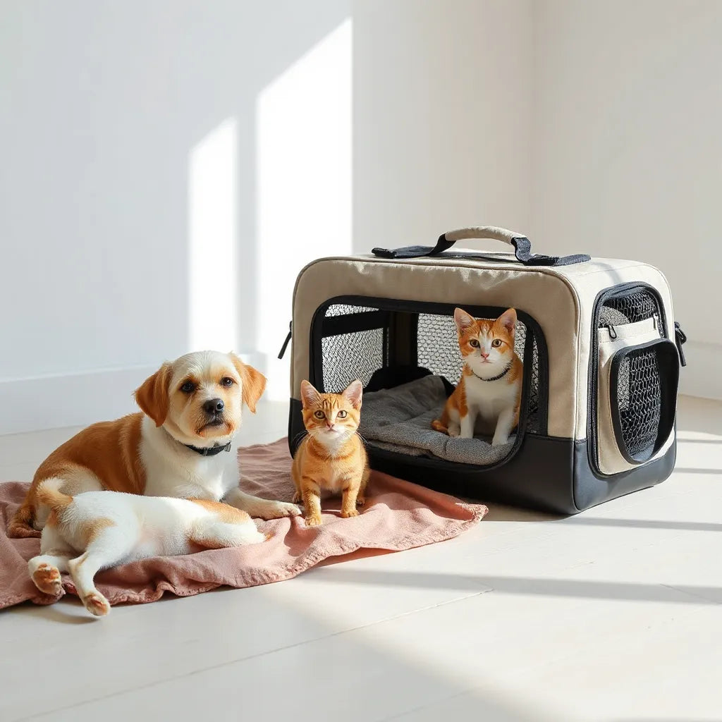 Modern soft-sided pet carrier with breathable mesh next to a small dog and cat on a neutral floor