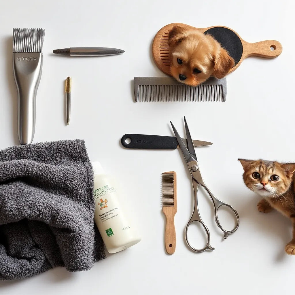 Grooming tools with brush, comb, pet shampoo, towel, and a calm dog and cat on a light background