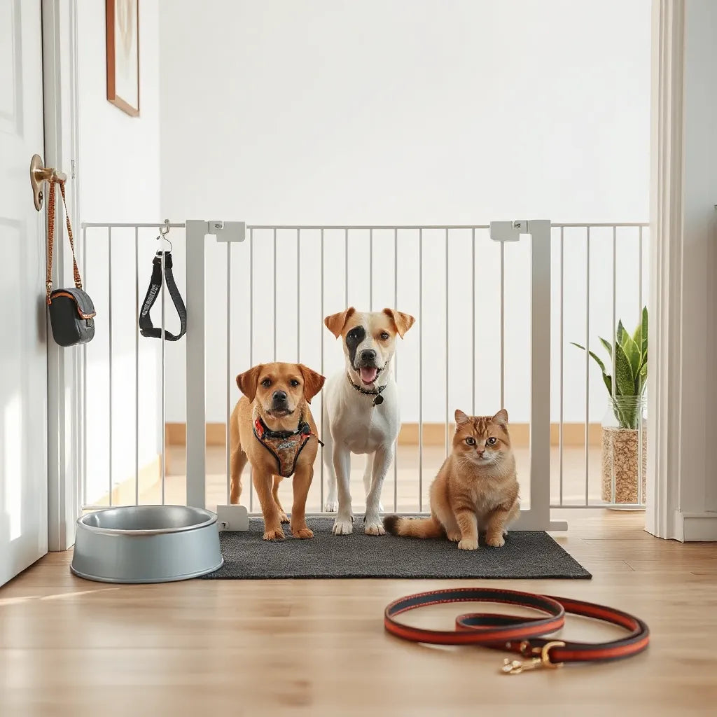 Dog and cat safely separated with a pet gate, harness, and non-slip water bowl in a tidy home