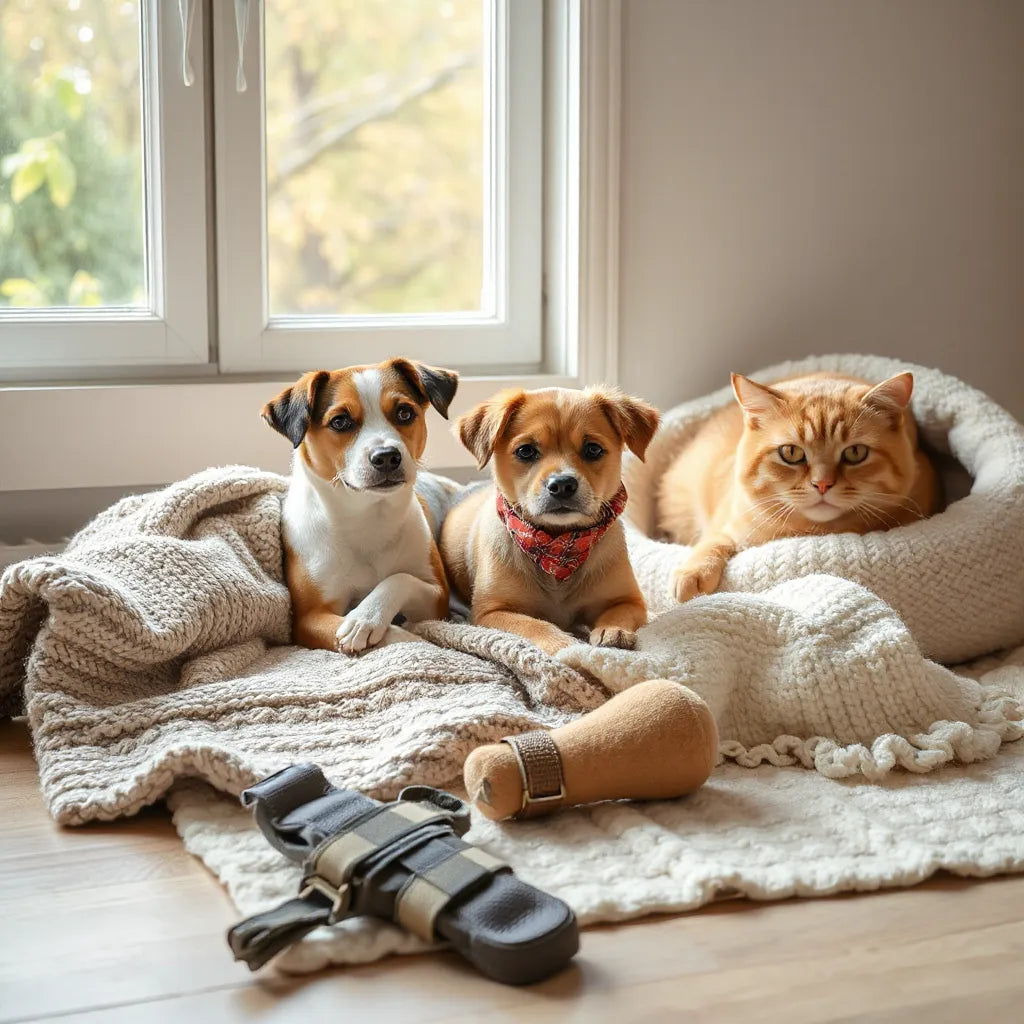 A dog and cat relaxing on a plush blanket near a warm pet bed and accessories by a sunlit window.