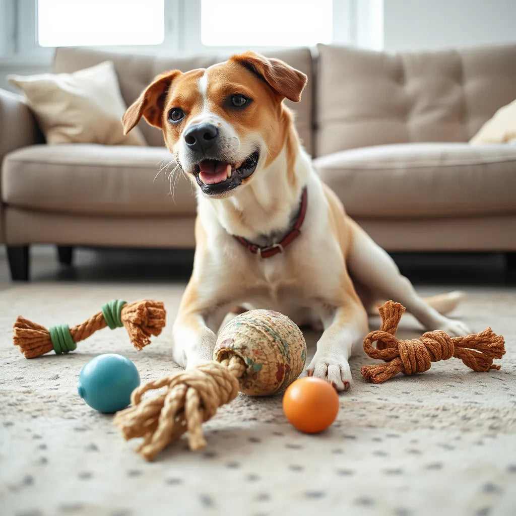Dog happily plays with tough rubber and rope toys on a clean living room rug