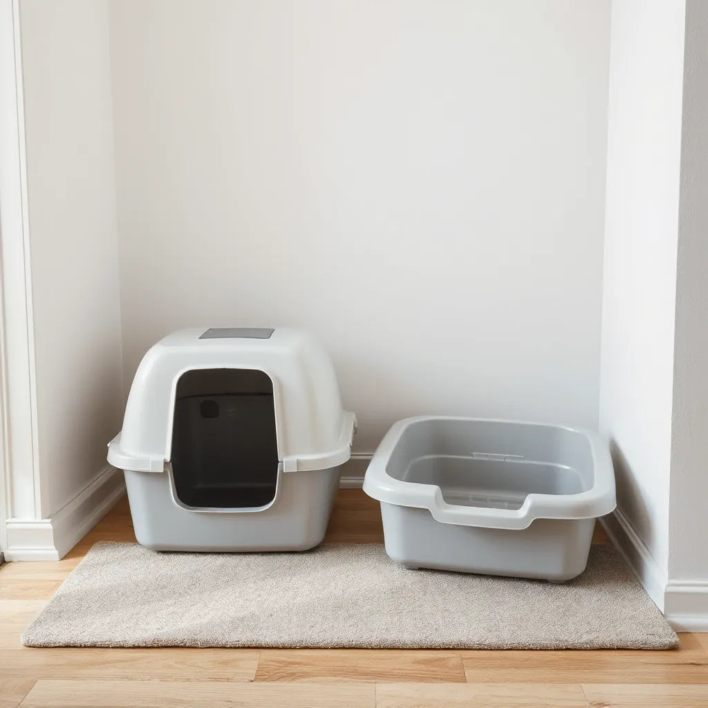 Enclosed and open functional litter boxes with removable trays in a clean, quiet home corner