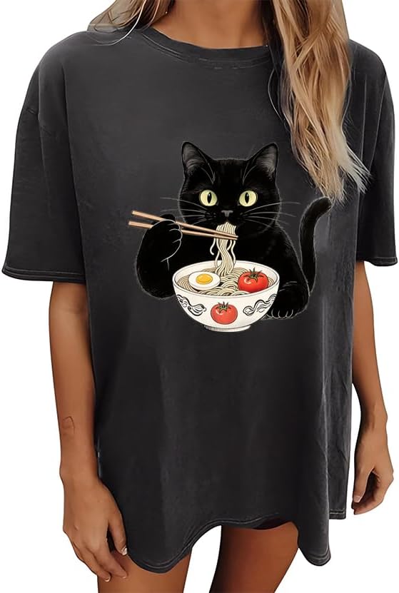 Cat Shirts for Women Oversized Cat Mom Shirt Animal Print Tops Cute Teen by Tewmeu