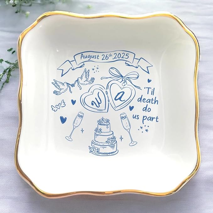 Personalized Ring Dish Engagement Gift, Engaged Ring Holder, Custom Wedding by Anniversaree