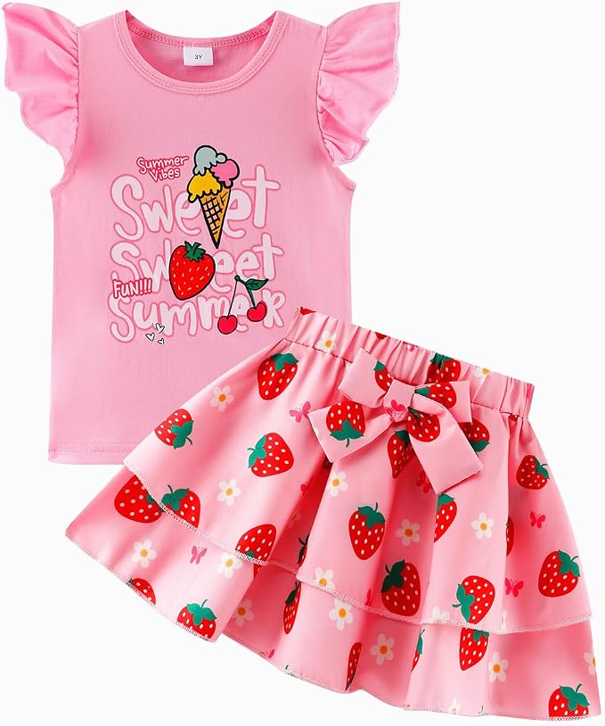 Girls Skirt Set 2 Piece Outfit Toddler Summer Clothes Ruffle Sleeve T-Shirt Bow by zarmfly