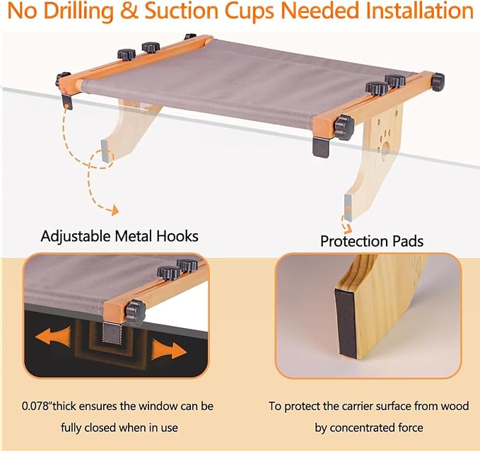 Cat Window Perch- Adjustable Sill Fit, Renter-Safe, Wood-Metal Frame Sturdy - Image 3