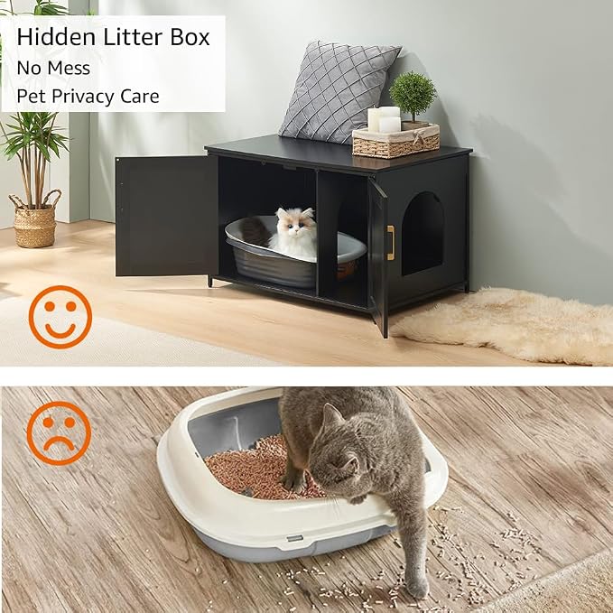 unipaws Black Top Opening Cat Litter Box Enclosure, Flip Top XL Extra Large Cat - Image 2