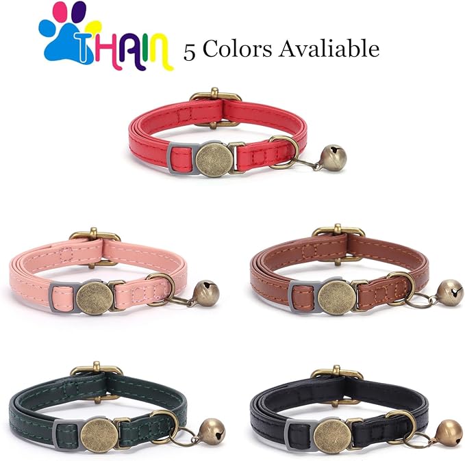 THAIN Leather Cat Collar with Bell Breakaway- Adjustable, Retro Bell fit Most - Image 5