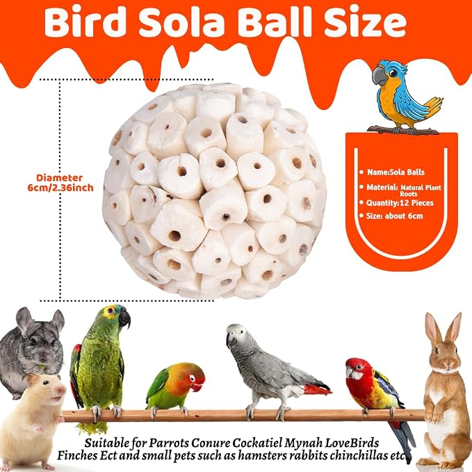 12 Pack Bird Toy Sola Balls, Natural Parrot Soft Chew Shredding & Foraging Toy - Image 2