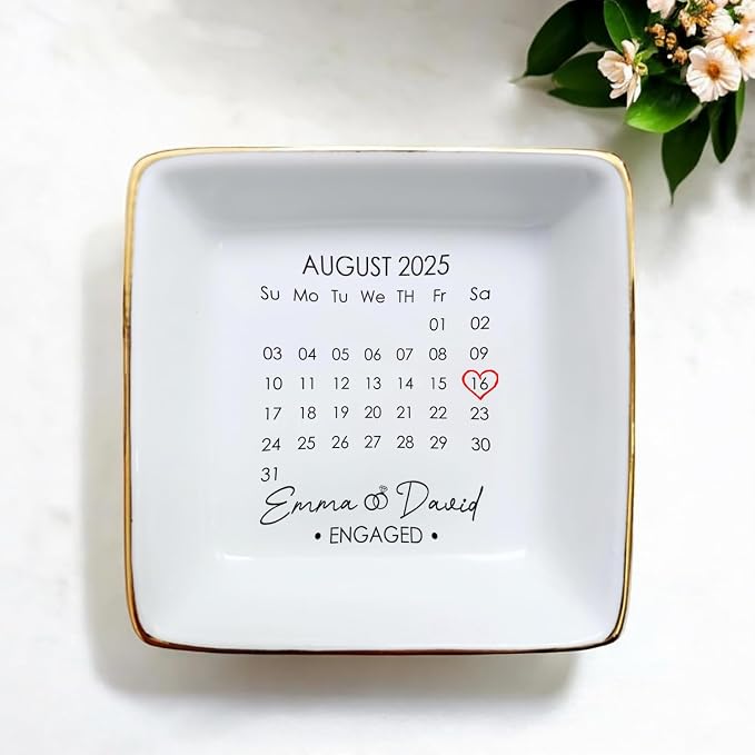 Custom Date Calendar Ring Dish Engagement Gift, Announcement Engaged Trinker - Image 2