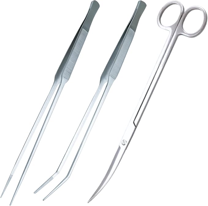 3-Piece Aquascaping Tools Set – 25cm / 9.8in Straight & Curved Long Tweezers by UTK+Usagi+To+Kame