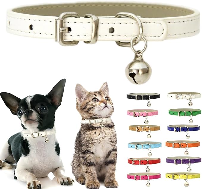 White XS Dog Collar with Bell, Soft Pu Leather Cat Collars Adjustable Buckle by Weimostar