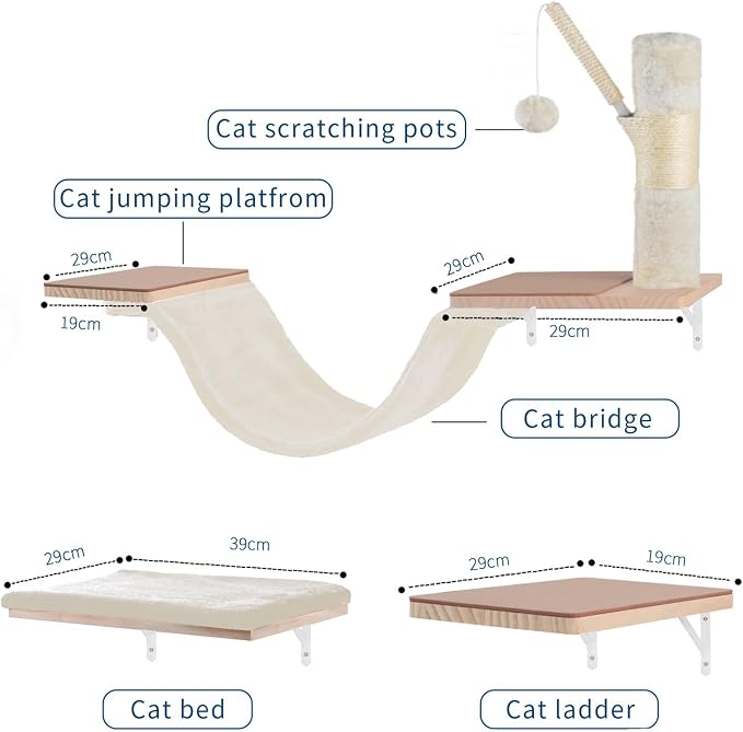 Cat Wall Shelves, Solid Wood Cat Wall Furniture Set, - Image 6