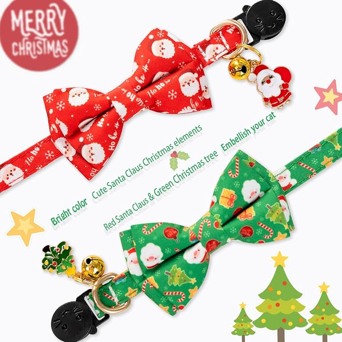Christmas Cat Collar with Cute Bow Tie Bell 2Pack Red Green Santa Claus - Image 3
