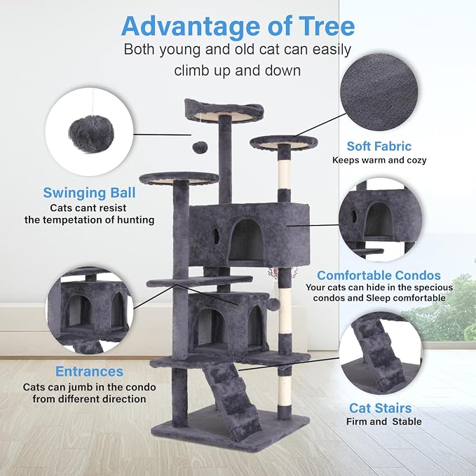 FDW | 54" Cat Tree Tower | Ashy | Multi-Level Indoor Activity Center - Image 3