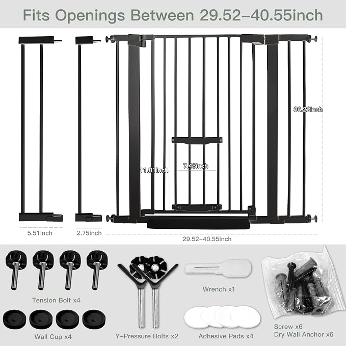 37 Inch Tall Baby Gate with Small Cat Door, Adjustable 29.5" and -40.55" - Image 2