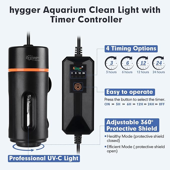 hygger Aquarium U-V Light with Timer, 360° Protective Shield Clean Light - Image 2