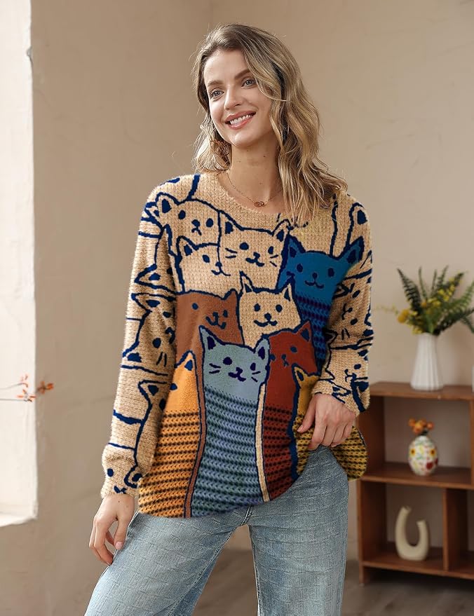 YESNO Women Christmas Sweater Graphic Printed Oversized Pullover Sweaters - Image 2