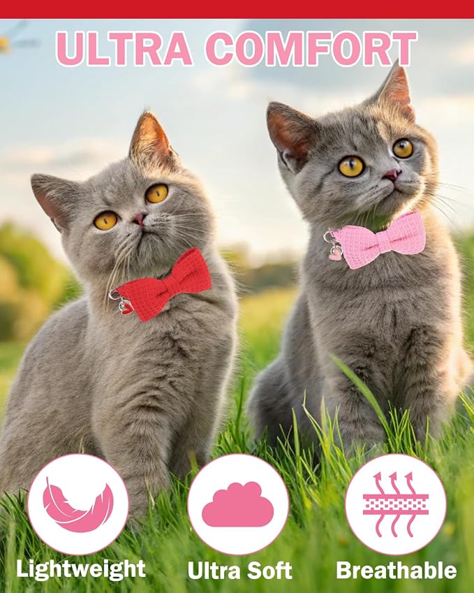 Cat Collar Breakaway with Bells, Soft Cotton Pink Cat Bowtie Collar - Image 7