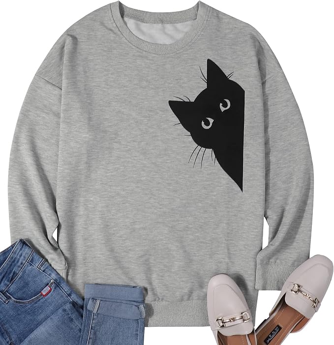 FRYAID Cat Sweatshirt Women Funny Black Cat Graphic Sweater Casual Cat Crewneck - Image 5