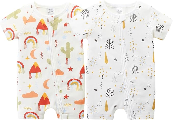Unisex Summer Trendy 2-Pack Rompers Short Sleeve Zipped Bodysuit Infant Cotton by JingleBaBa