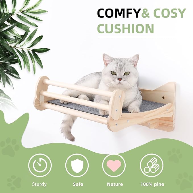 Pine Cat Wall Shelves with Scratch Mat, Wall-Mounted Cat Shelves, Space-Saving - Image 3