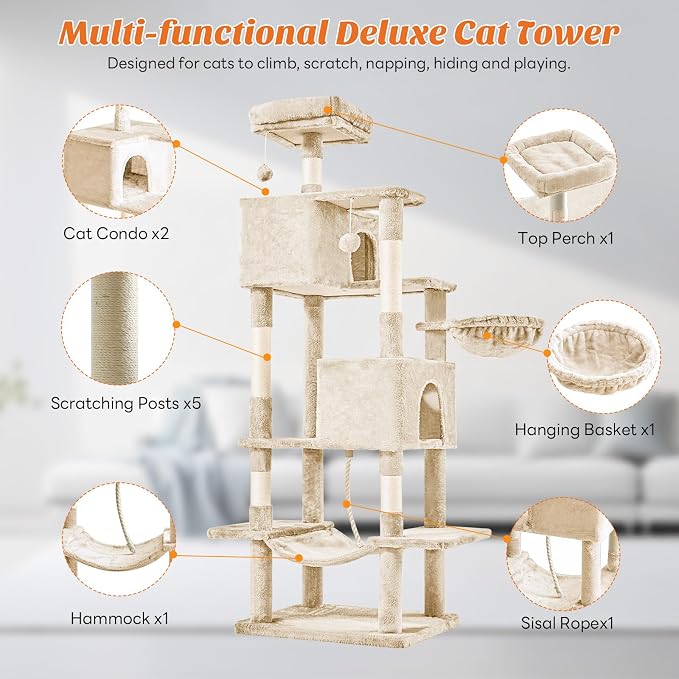 Large Cat Tree 66 Inch, Sisal Scratching Posts and Hammock, Pet Play House - Image 4