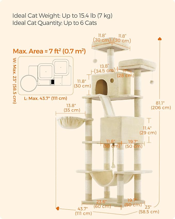 Feandrea Cat Tree, 81.1-Inch Large Cat Tower, 2 Perches, 2 Caves - Image 5