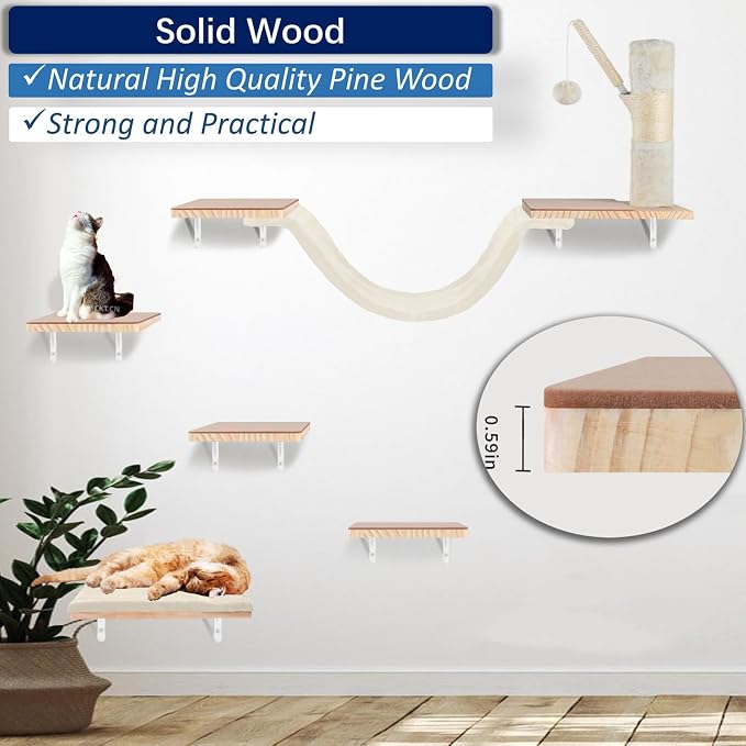 Cat Wall Shelves, Solid Wood Cat Wall Furniture Set, - Image 2