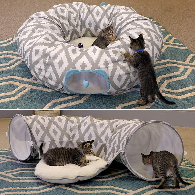 Kitty City Large Cat Tunnel Bed, 2-in-1 Zip-Together Cat Play Tunnel & Plush - Image 3