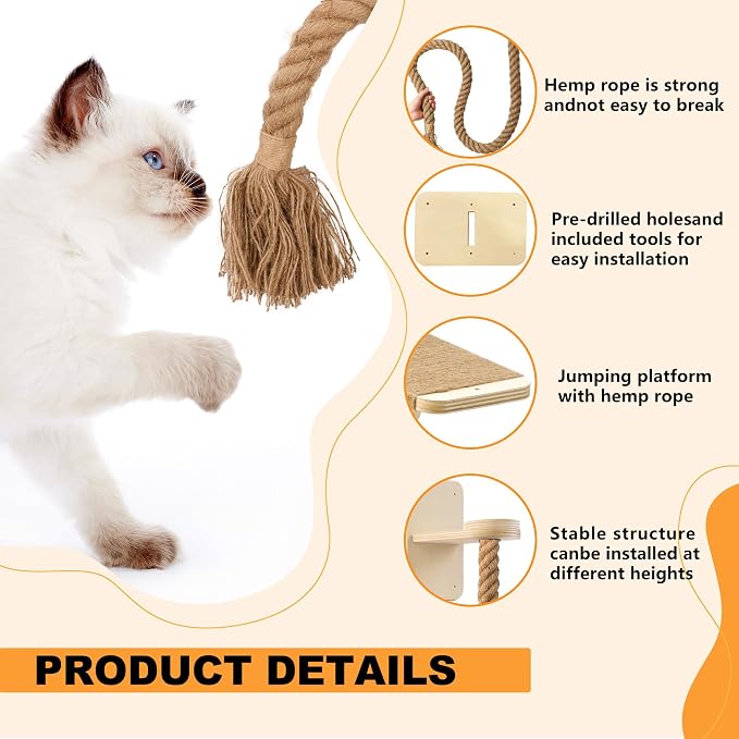 Cat Wall Shelves with 2 x 60 Inch Climbing Rope, Wall Mounted Cat Tree with - Image 3