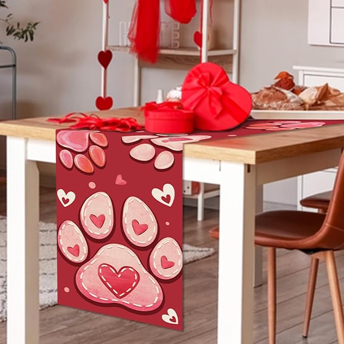 Valentines Day Dog Cat Paw Prints Table Runner, Anniversary Wedding Burlap - Image 5