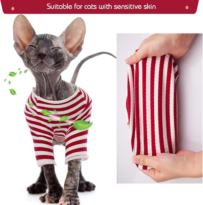 DENTRUN Hairless Cats Shirt Breathable Cat Daily Wear Clothes Stripe Vest - Image 7