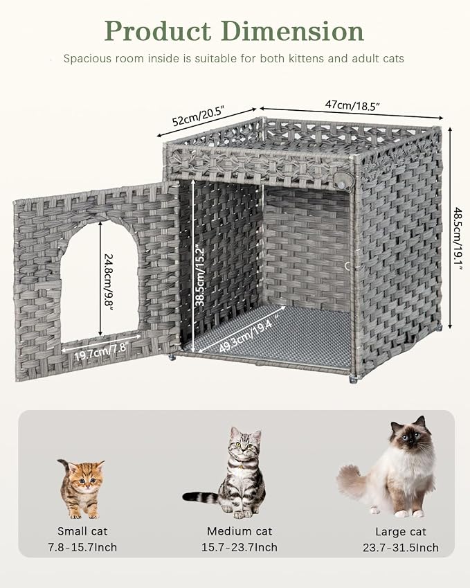 Cat Litter Enclosure with Hidden Litter Mat and Rattan Cat House, Supports Two - Image 5