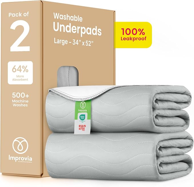 IMPROVIA® Washable Underpads 34" x 52" Pack of 2 Heavy Absorbency Reusable by IMPROVIA
