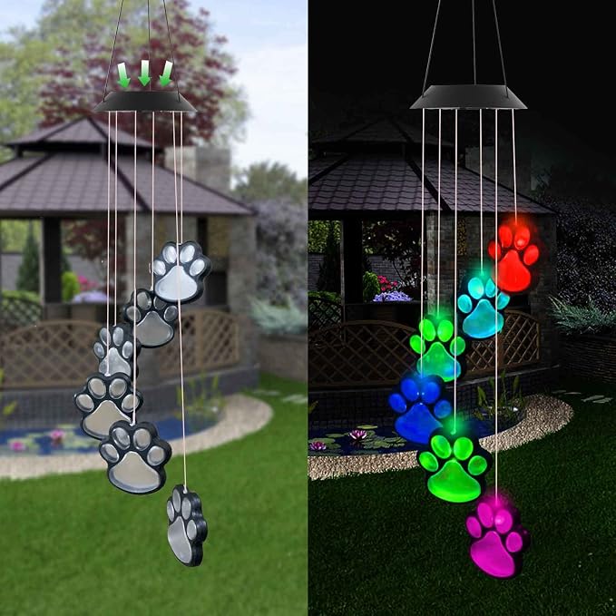 Paw Print Solar Wind Chimes, Color Changing Outdoor Paw Print Solar Lights - Image 2