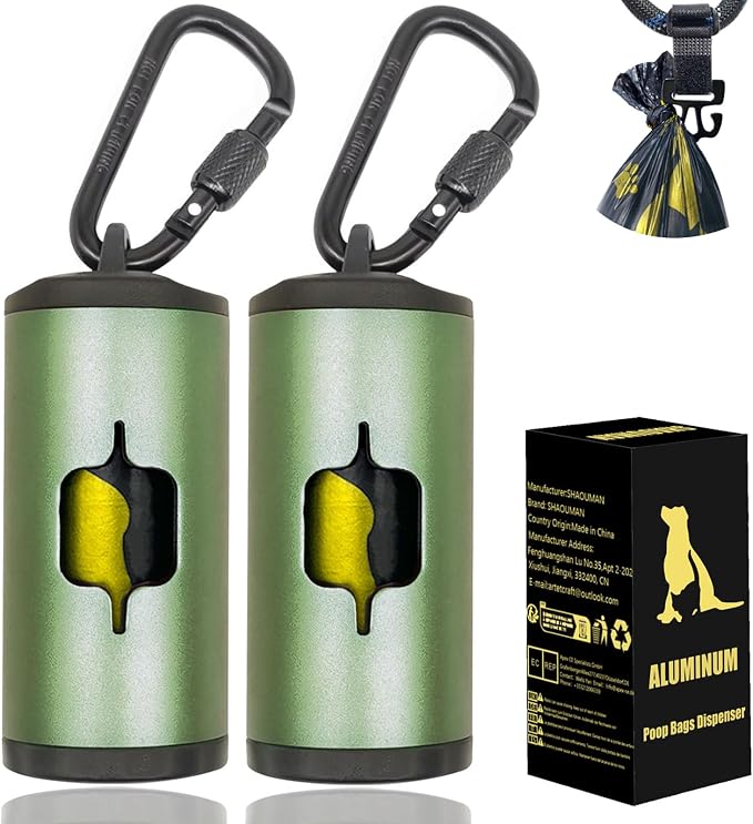 Metal Dog Poop Bag Holder 2-Pack w/Leash Clip|Durable Scratch-Resistant by SHAOUMAN