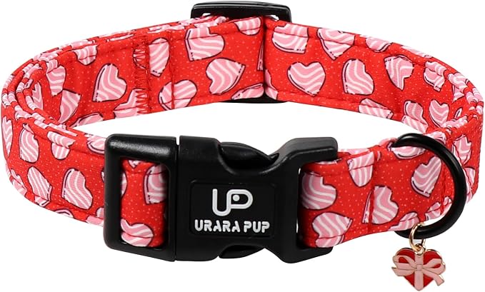 Valentine's Dog Collar, UP URARA PUP Pink Heart in Red Adjustable Pet Collar by UPURARAPUP