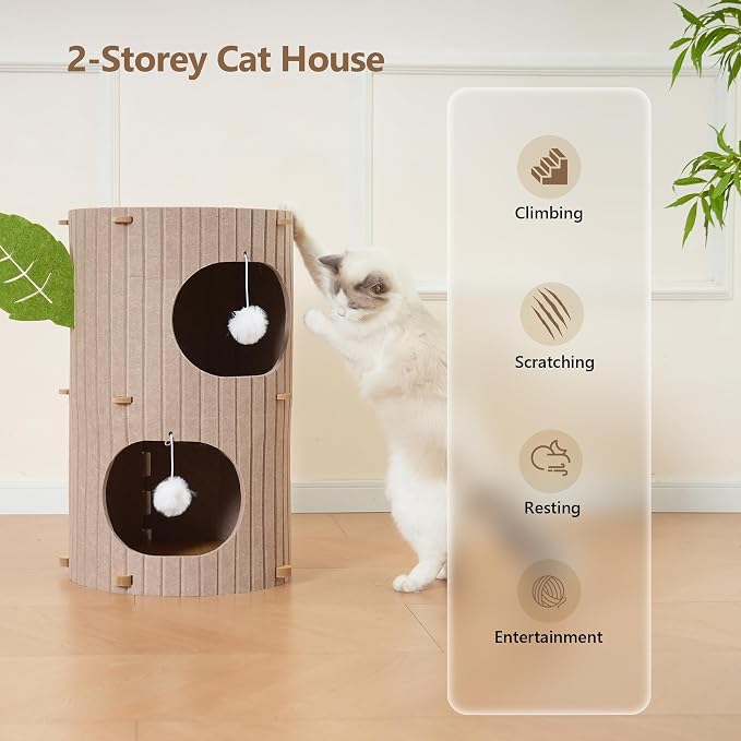 Cat House for Indoor Cats, 2-Storey Large Cat Bed Cave, Felt Covered Cats - Image 4