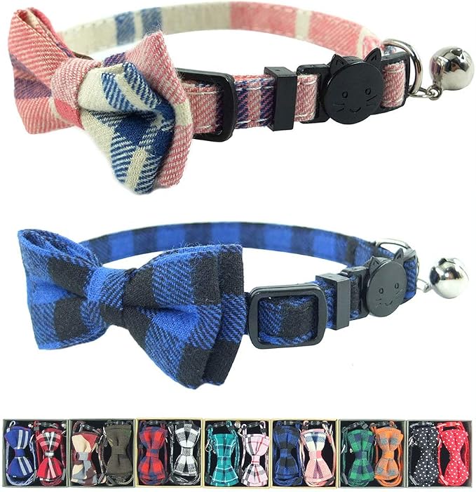 Cat Collar Breakaway with Bell and Bow Tie, Plaid Design Adjustable Safety by Ximipet