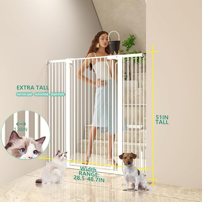 51" Extra Tall Cat Gate 28.5"-48.7" Wide, Auto Close, Pressure Mounted - Image 2