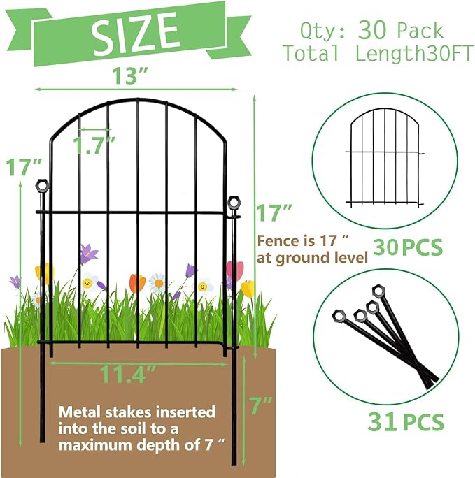 Decorative Garden Fence 17in x30ft, 30 Pack Rustproof Metal No Dig Fence Animal - Image 2