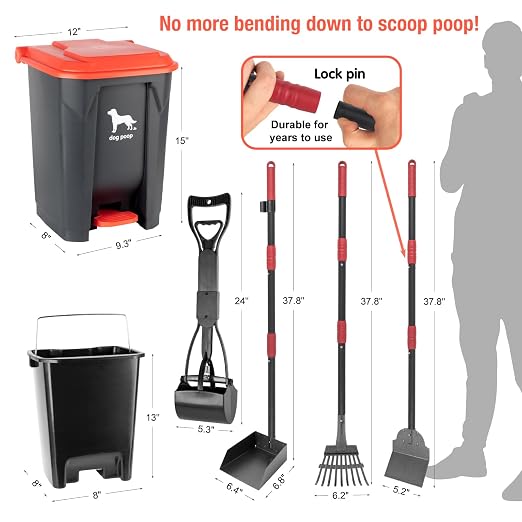 Dog Pooper Scooper, Long Handle Tray & Rake, 60 Waste Bags, Dog Waste Large Bin - Image 3