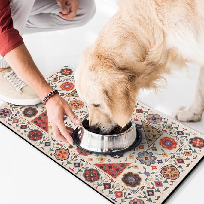Moroccan Trellis Dog Food & Water Mat, Boho Colorful Vintage Pet Feeding Mat - Image 3