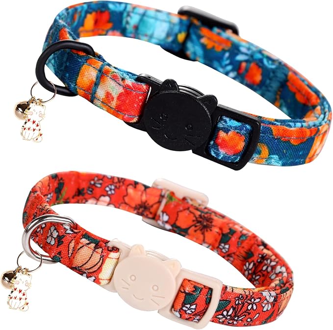 Elegant little tail Halloween Cat Collar-2 Pack Pumpkin Print Fall Cotton by Elegantlittletail