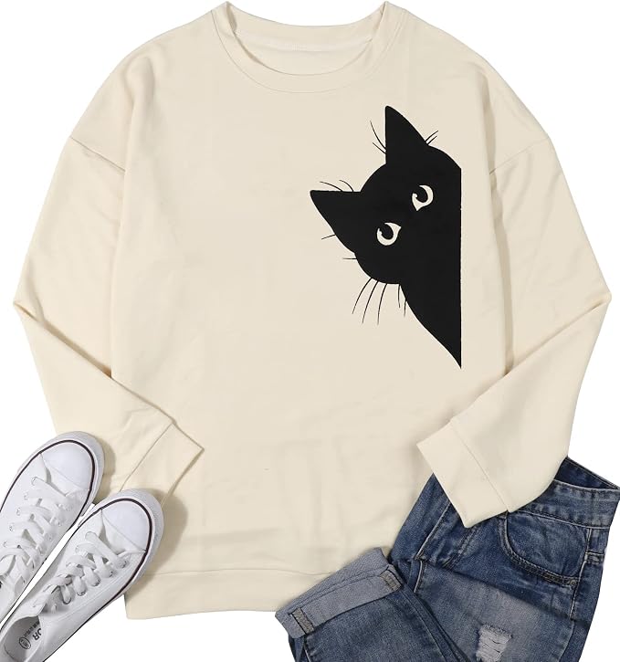 FRYAID Cat Sweatshirt Women Funny Black Cat Graphic Sweater Casual Cat Crewneck - Image 5