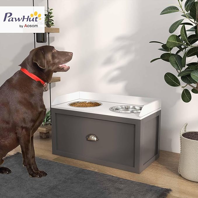 PawHut Feeding Station with Storage Drawer, Food Storage Cabinet with 2 - Image 2