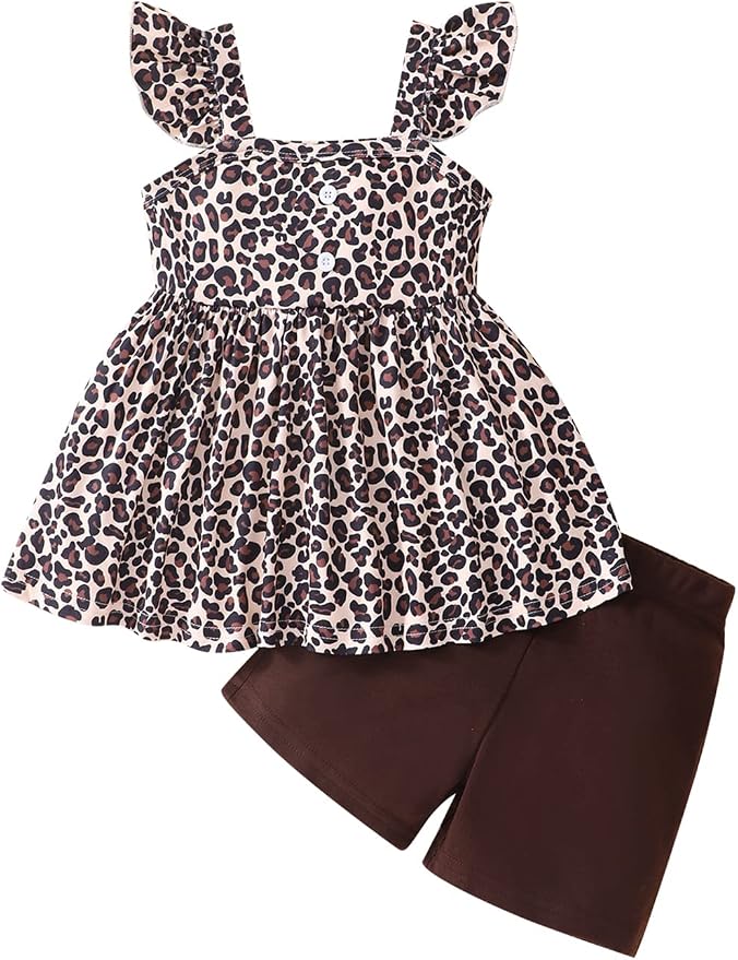 Toddler Baby Girls Summer Clothes Outfits Ruffled Sleeve Dinosaur Shirt Leopard by Popshion